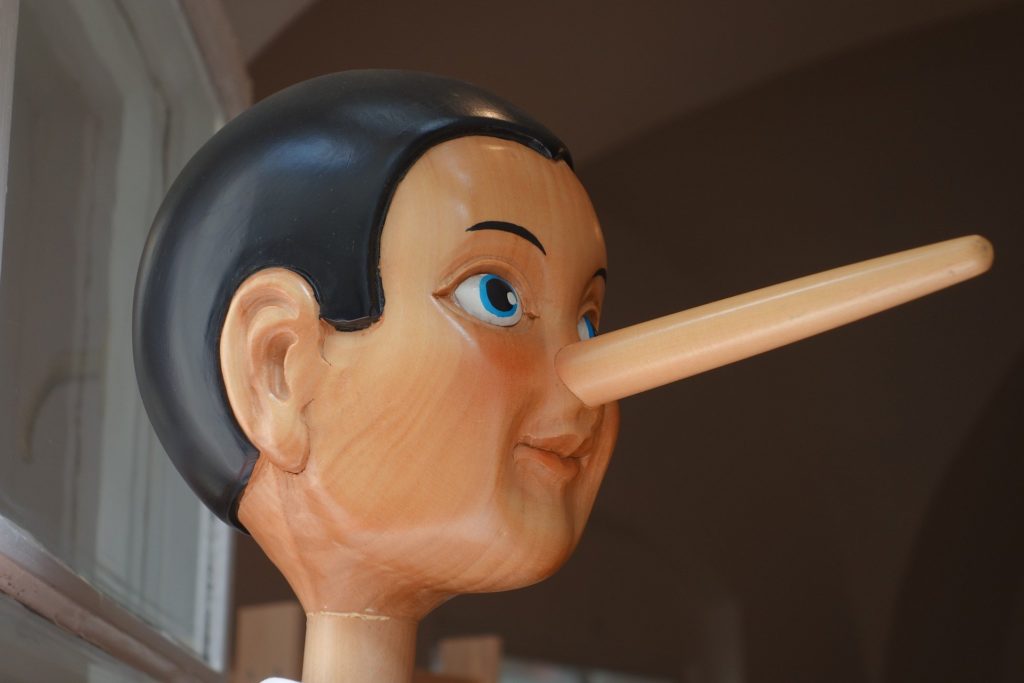 A wooden puppet head with a large nose.