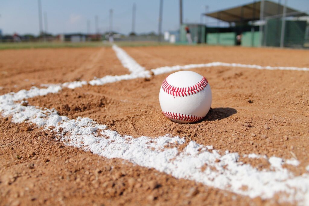 A baseball on a baseball field. 