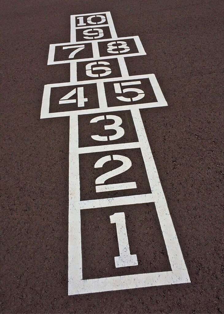 A hopscotch court on the ground with numbers from one to ten. 