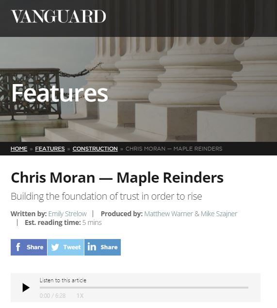 Screenshot of Vanguard Legal Magazine's website with article on Chris Moran and Maple Reinders. 